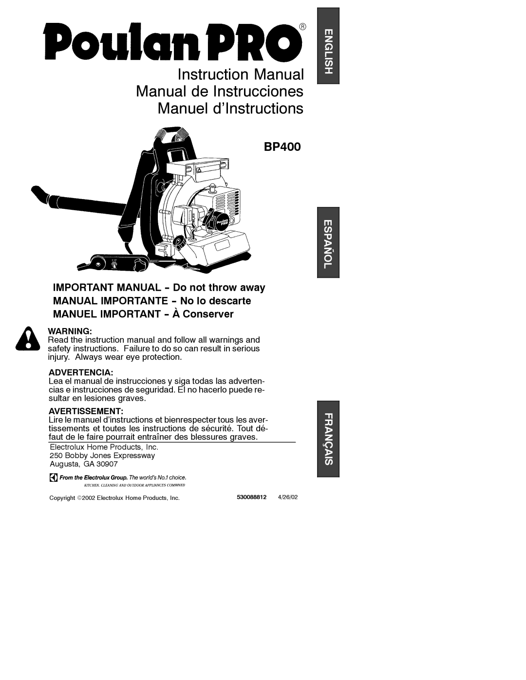 Poulan 530088812 instruction manual Manual de Instrucciones Manuel d’Instructions 