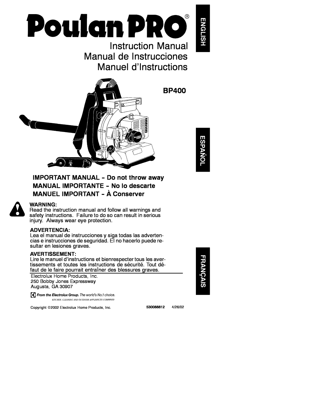 Poulan 530088812 instruction manual BP400, Advertencia, Avertissement 
