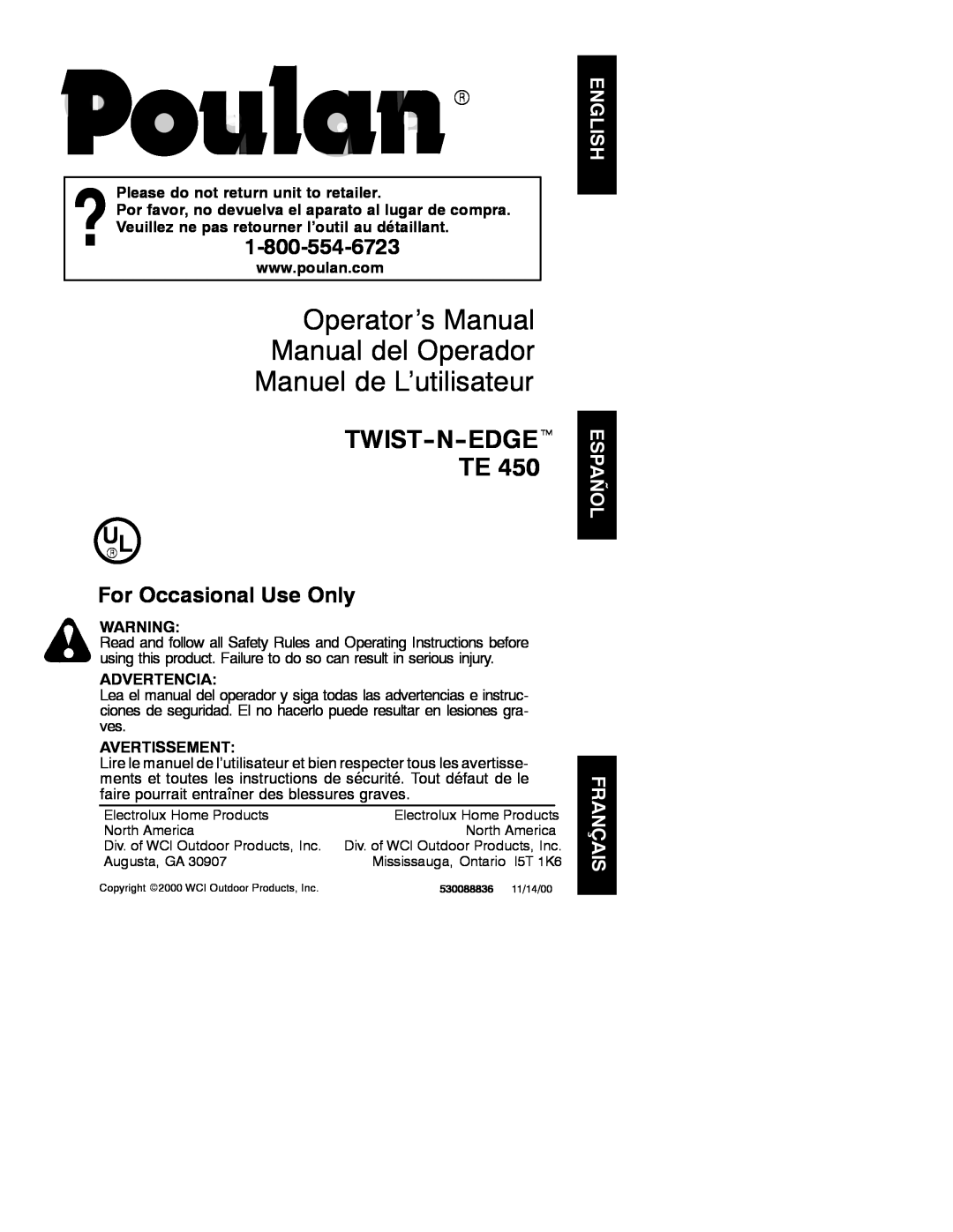 Poulan 530088836 operating instructions Operator’s Manual Manual del Operador, Manuel de L’utilisateur, TWIST-N-EDGEt TE 