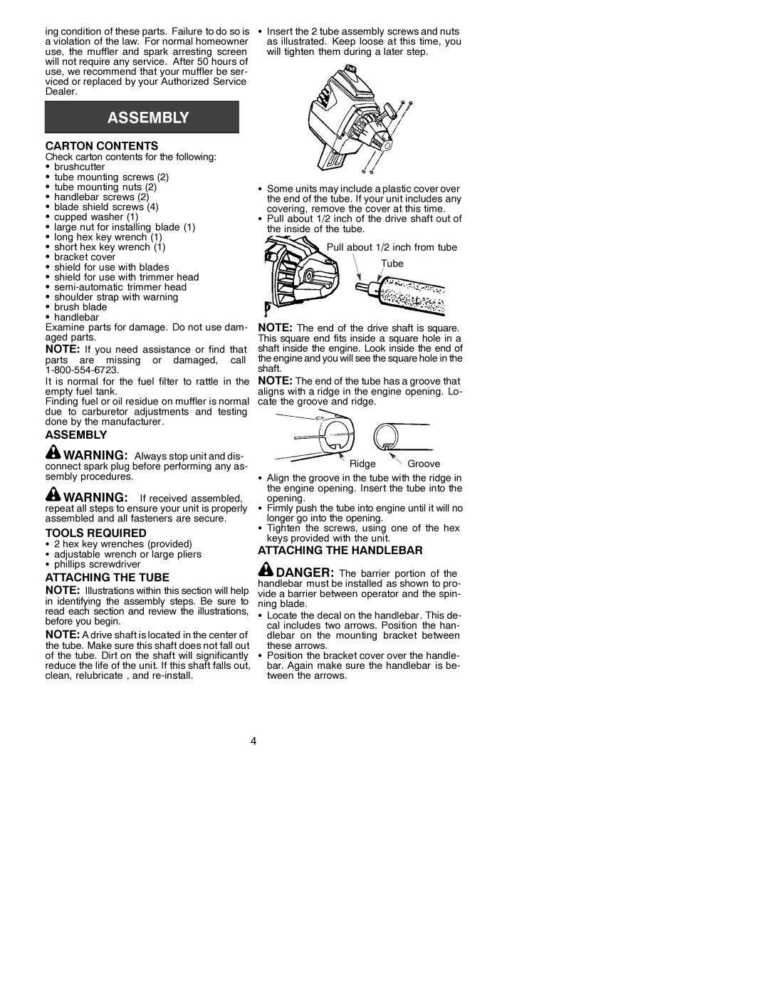 Poulan 530088847 Carton Contents, Assembly Tools Required, Attaching the Tube, Attaching the Handlebar 