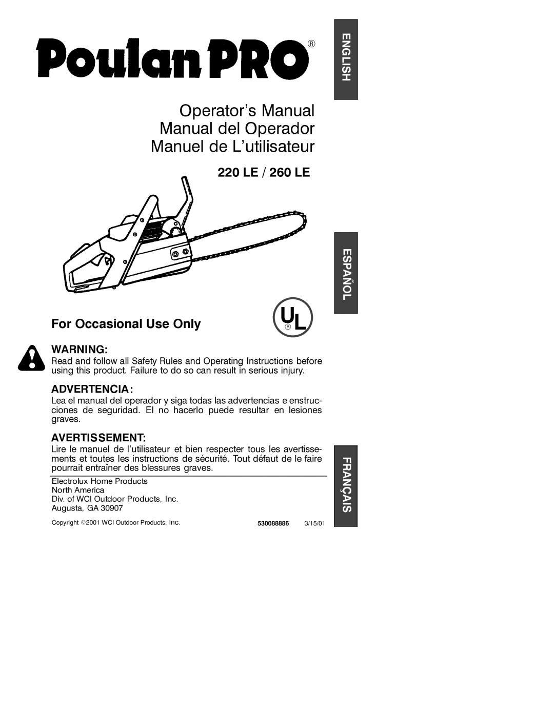 Poulan 530088886 manual 220 LE / 260 LE For Occasional Use Only 