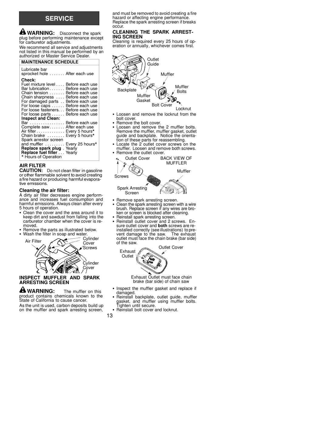 Poulan 530088886 manual AIR Filter, Cleaning the air filter, Cleaning the Spark ARREST- ING Screen 