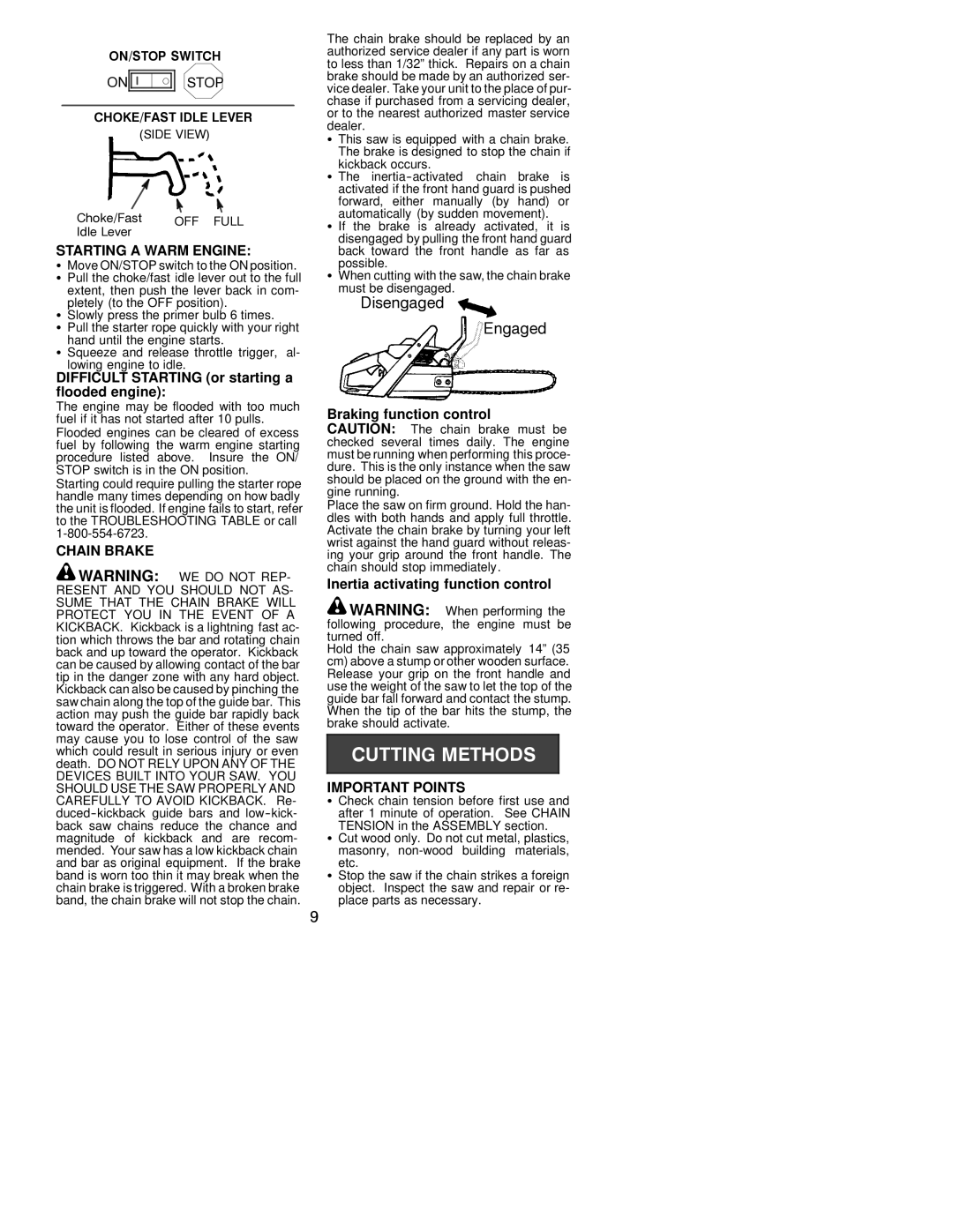 Poulan 530088886 manual Starting a Warm Engine, Difficult Starting or starting a flooded engine, Important Points 