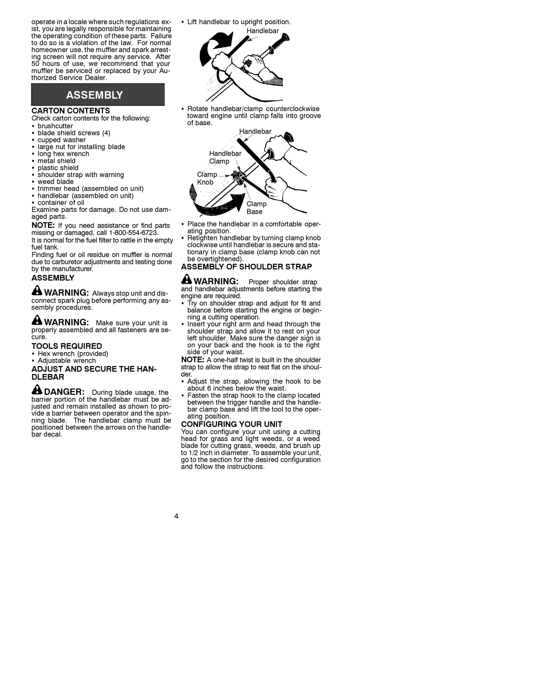 Poulan 530088894 Carton Contents, Assembly Tools Required, Adjust and Secure the HAN- Dlebar, Assembly of Shoulder Strap 