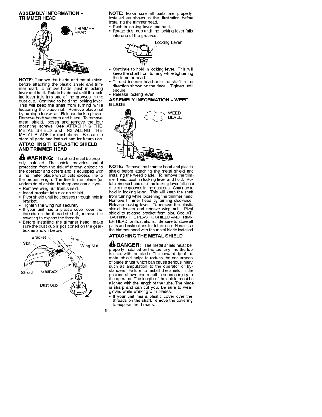 Poulan 530088894 operating instructions Assembly Information Trimmer Head, Attaching the Plastic Shield and Trimmer Head 