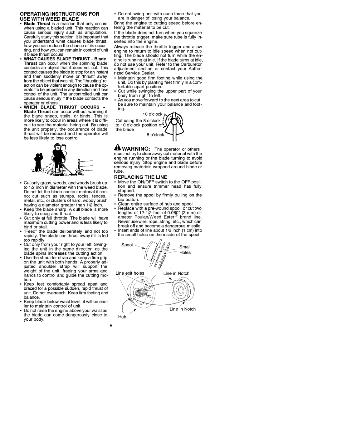 Poulan 530088894 operating instructions Operating Instructions for USE with Weed Blade, Replacing the Line 