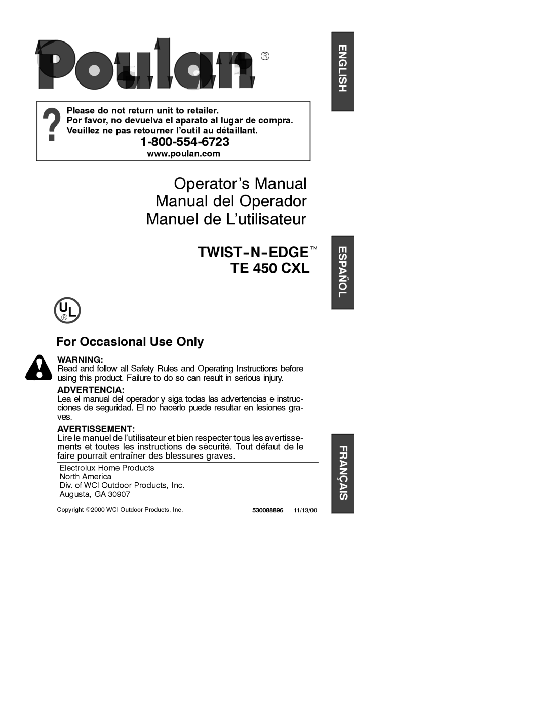 Poulan 530088896 operating instructions TWIST-N-EDGEt TE 450 CXL 