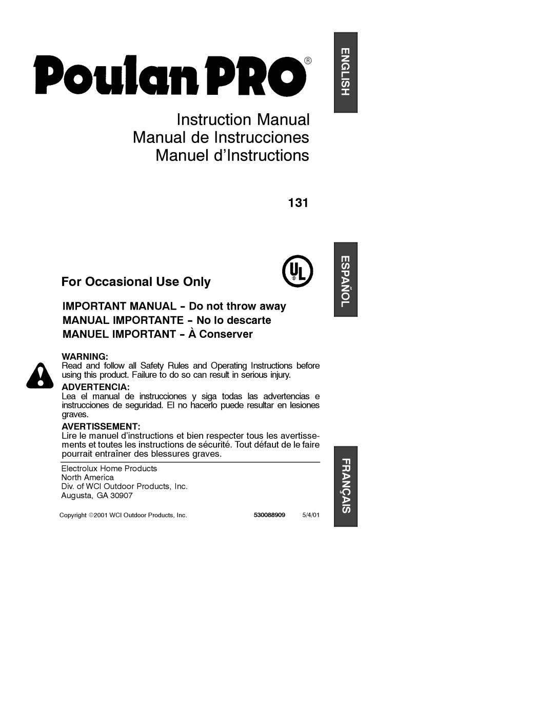 Poulan 2001-05, 530088909 instruction manual Manual de Instrucciones Manuel d’Instructions 