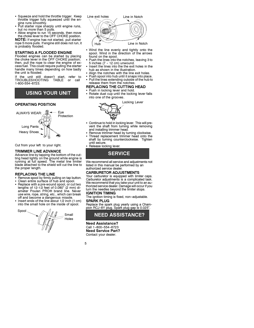 Poulan 2001-05 Starting a Flooded Engine, Operating Position, Replacing the Cutting Head, Trimmer Line Advance, Spark Plug 