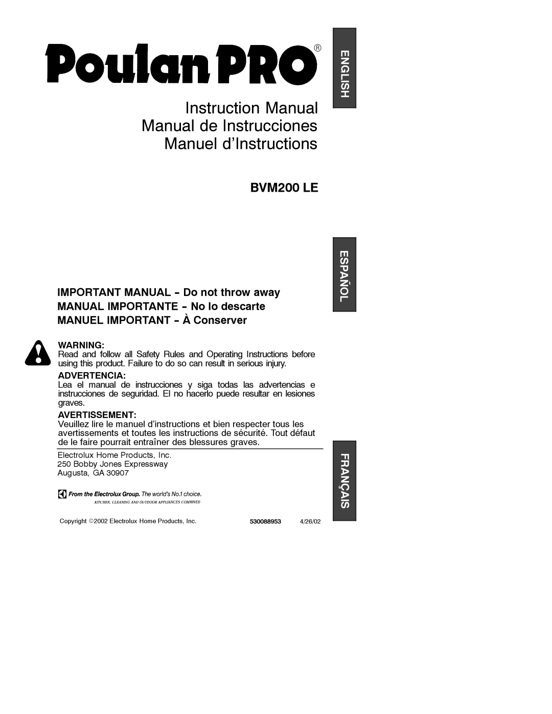 Poulan 530088953 instruction manual Manual de Instrucciones Manuel d’Instructions 