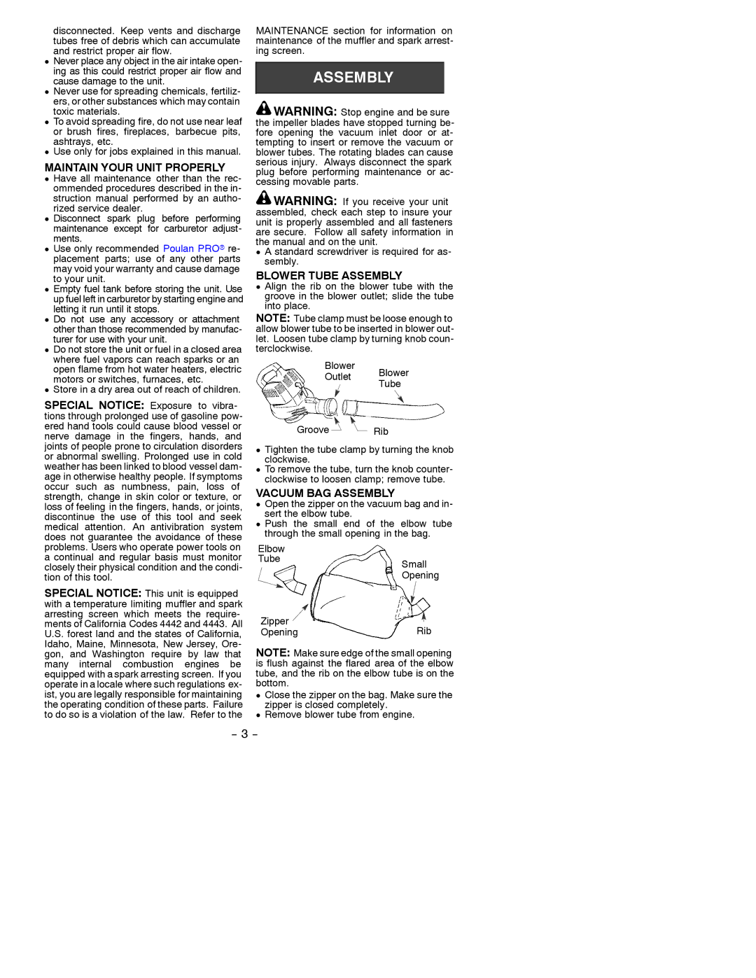 Poulan 530088953 instruction manual Maintain Your Unit Properly, Blower Tube Assembly, Vacuum BAG Assembly 