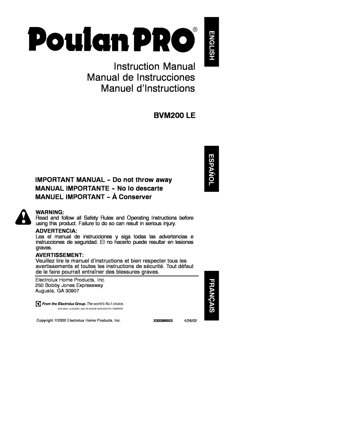 Poulan 530088953 instruction manual Instruction Manual Manual de Instrucciones Manuel d’Instructions, BVM200 LE 