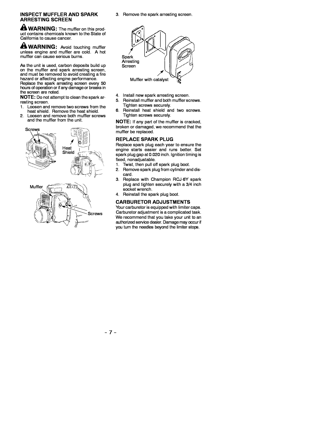 Poulan 530163031 instruction manual Inspect Muffler And Spark Arresting Screen, Replace Spark Plug, Carburetor Adjustments 