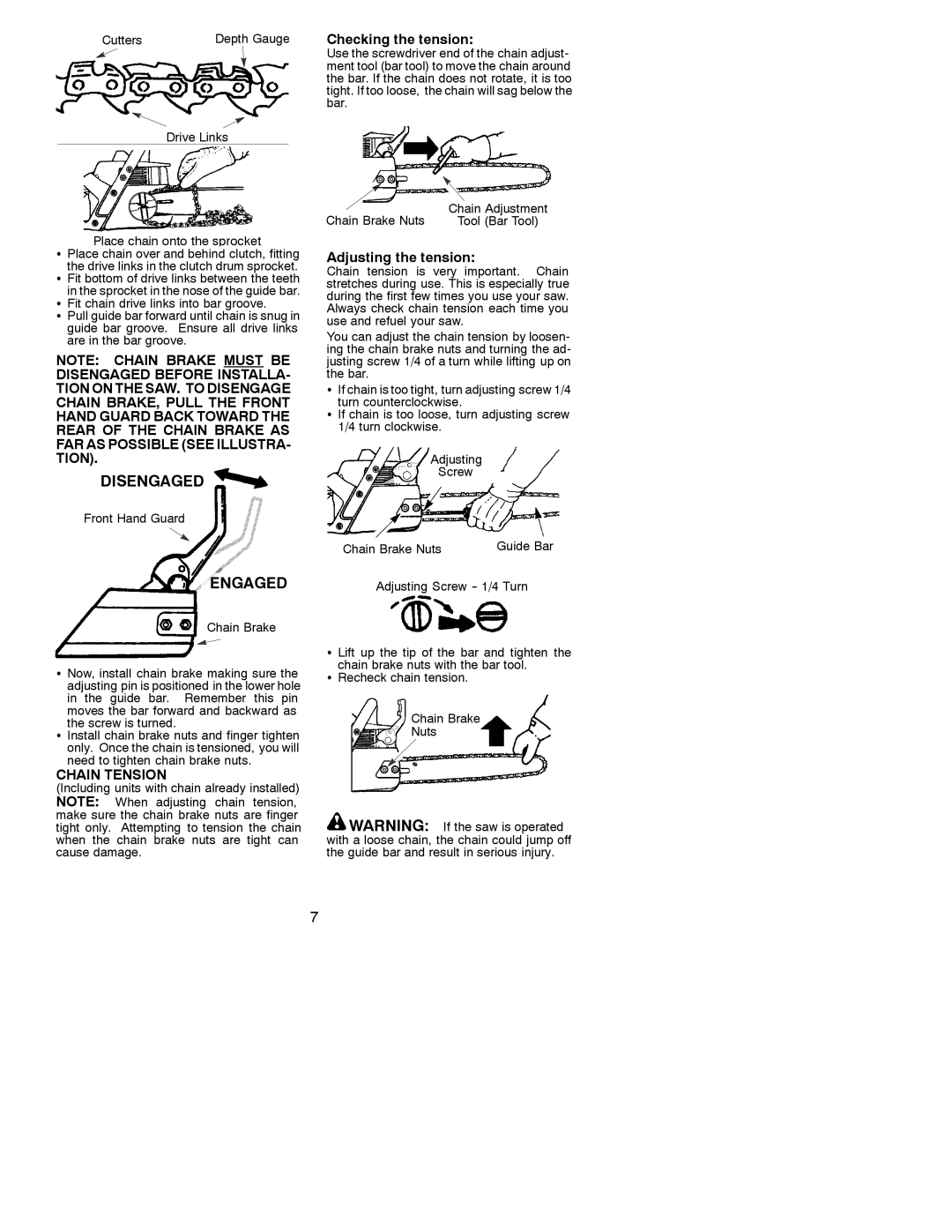 Poulan 530163152 instruction manual Checking the tension, Adjusting the tension, Chain Tension 