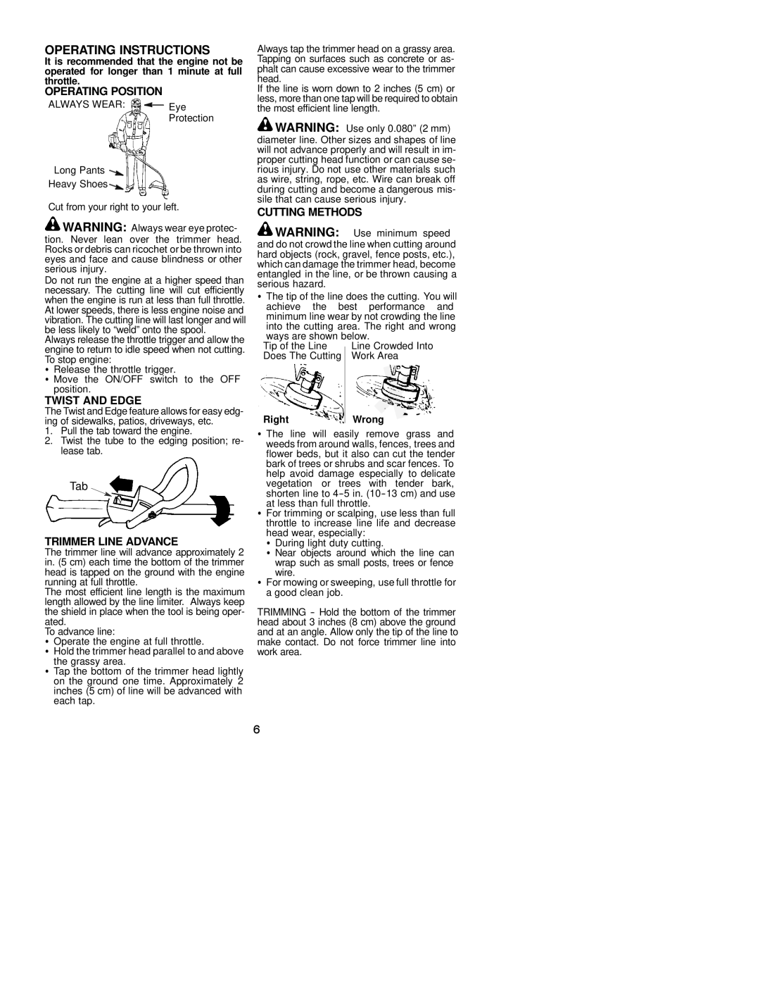 Poulan 530163369 instruction manual Operating Position, Twist and Edge, Trimmer Line Advance, Cutting Methods, Right Wrong 