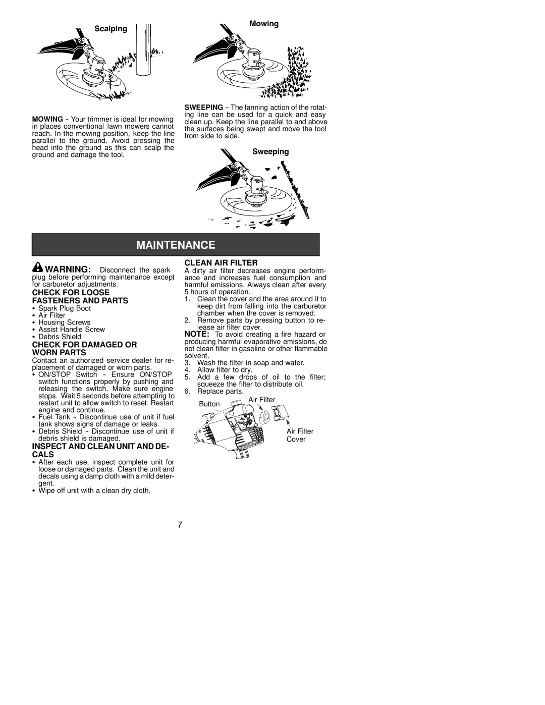 Poulan 530163413 Check for Loose Fasteners and Parts, Check for Damaged or Worn Parts, Inspect and Clean Unit and DE- Cals 