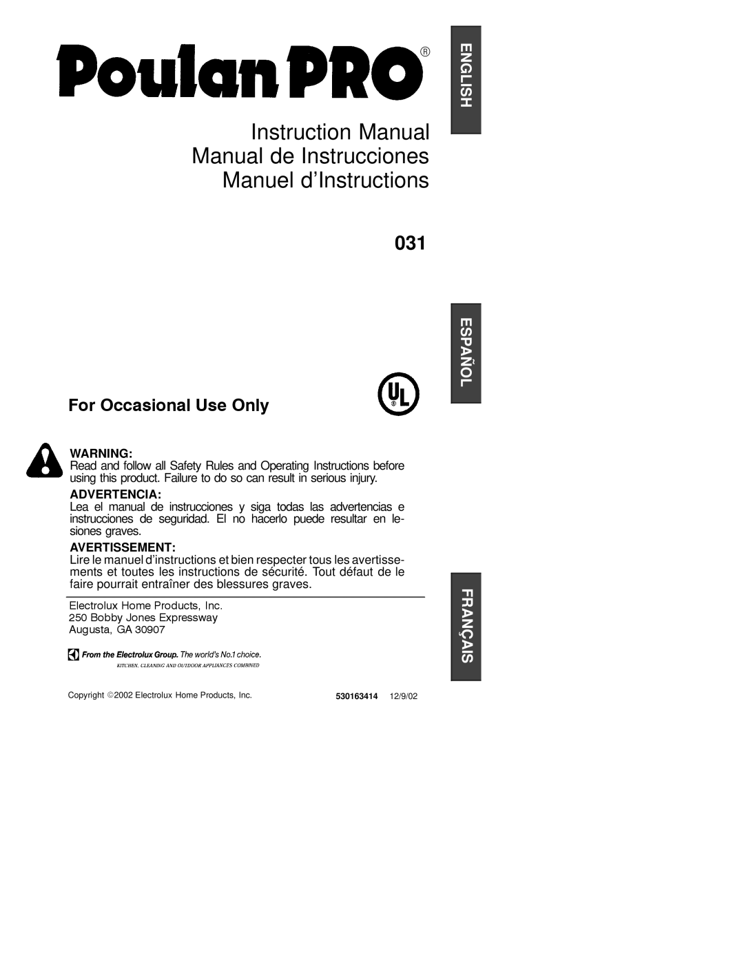 Poulan 2002-12, 530163414 instruction manual Manual de Instrucciones Manuel d’Instructions 