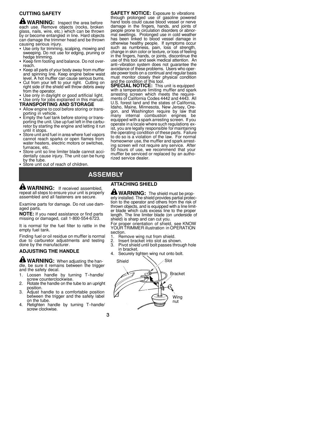 Poulan 2002-12, 530163414 Cutting Safety, Transporting and Storage, Adjusting the Handle, Attaching Shield 