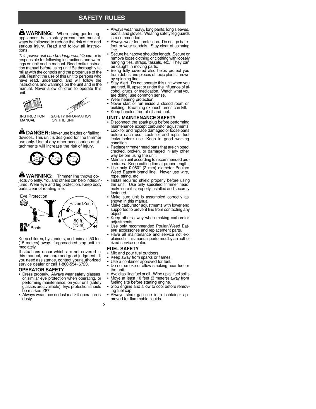 Poulan 530163450 instruction manual Operator Safety, Unit / Maintenance Safety, Fuel Safety 