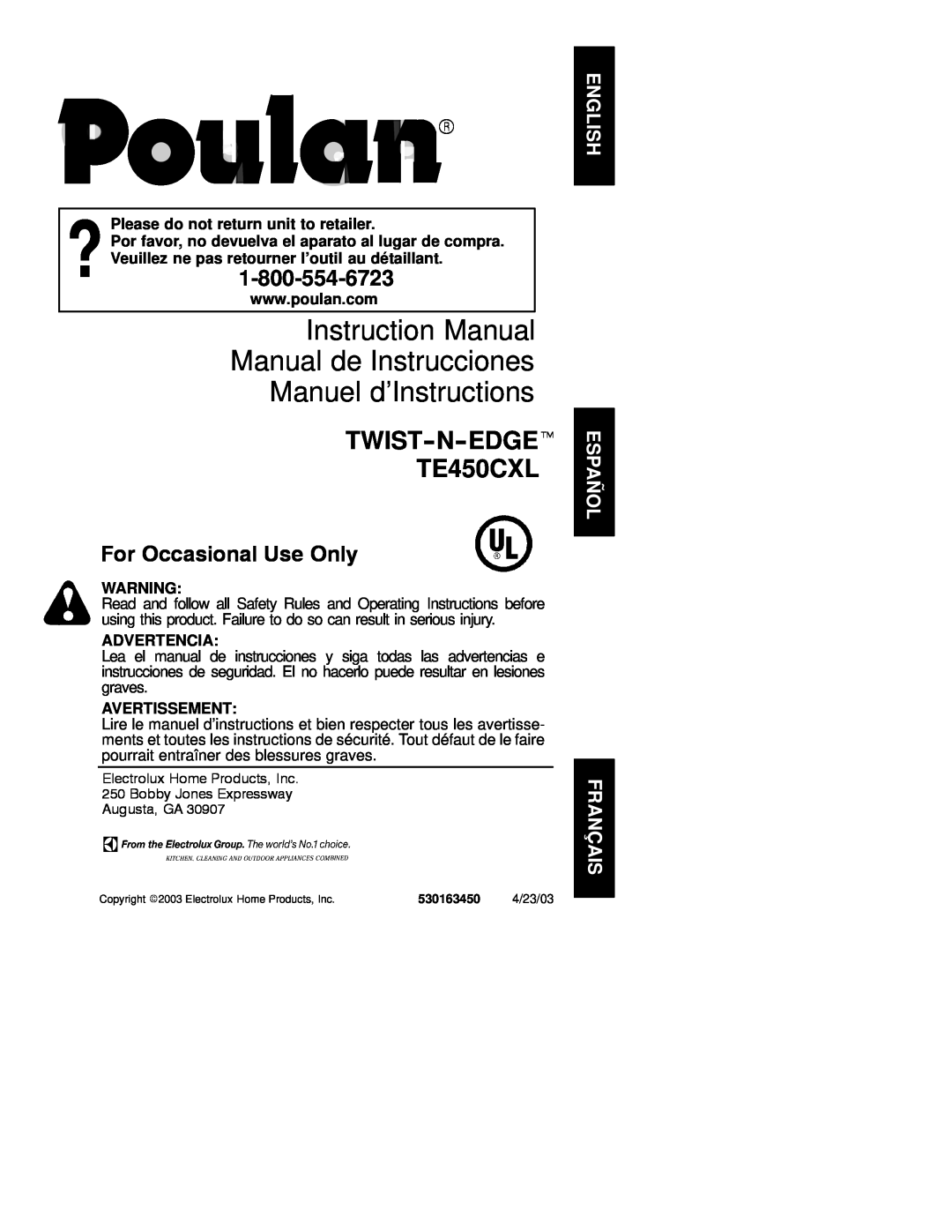 Poulan 530163450 instruction manual Please do not return unit to retailer, Advertencia, Avertissement 