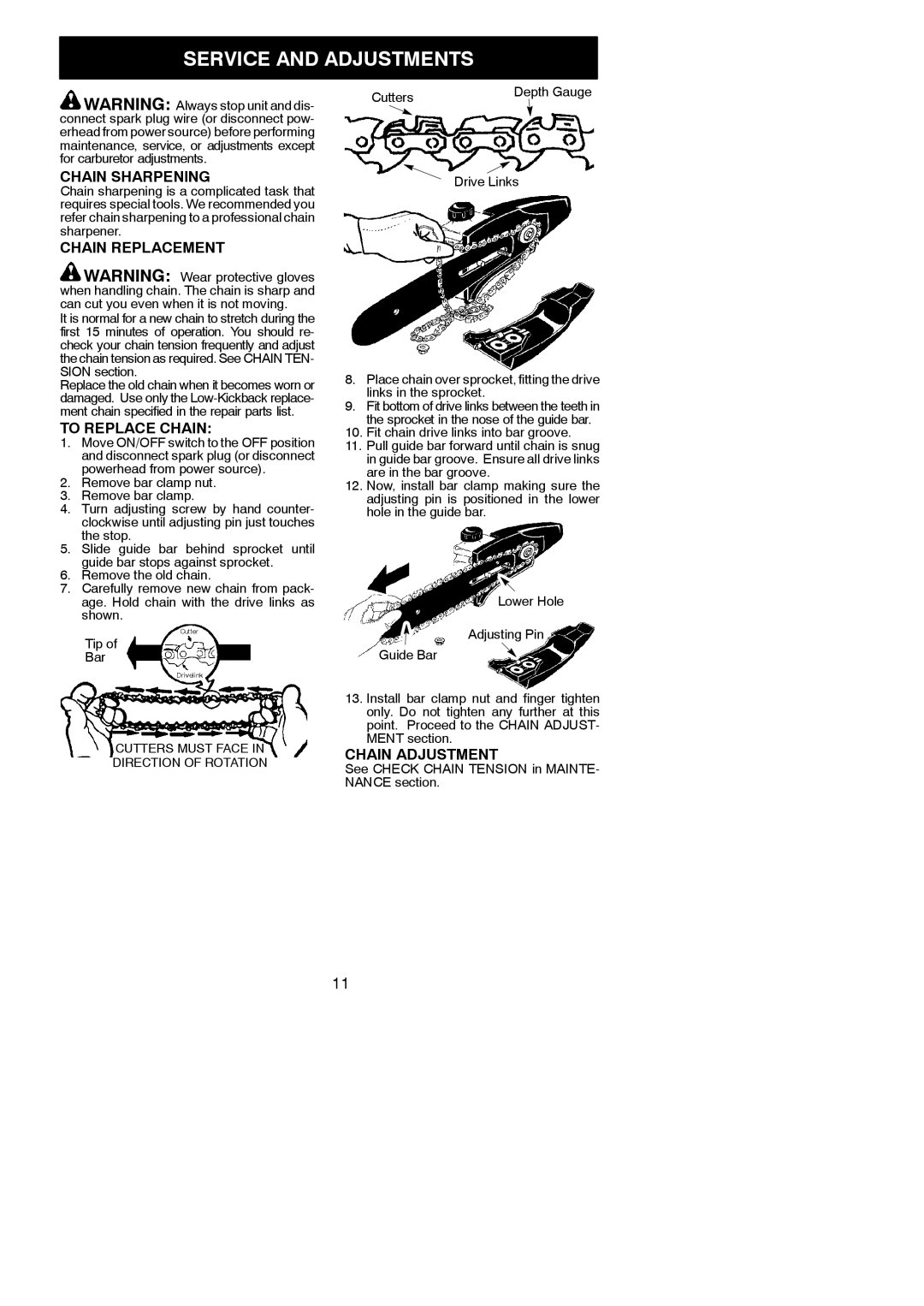 Poulan PP5000P, 530163467 Service and Adjustments, Chain Sharpening, Chain Replacement, To Replace Chain, Chain Adjustment 