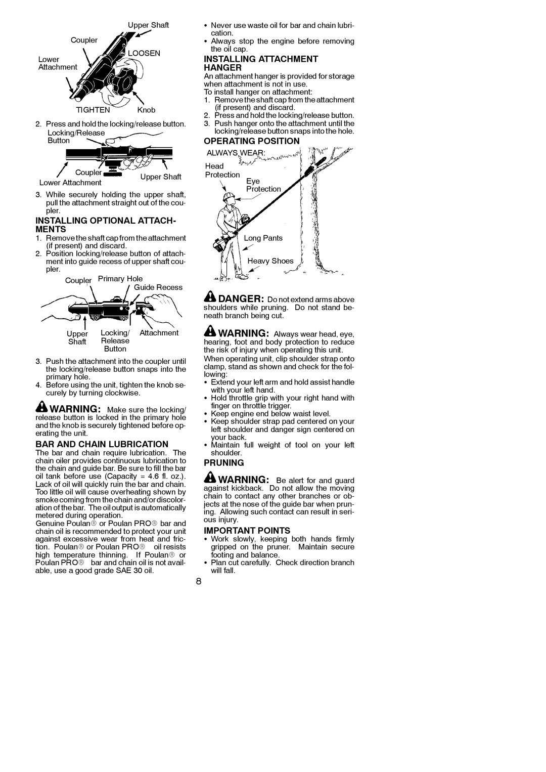 Poulan 530163467, PP5000P Installing Attachment Hanger, Installing Optional ATTACH- Ments, BAR and Chain Lubrication 