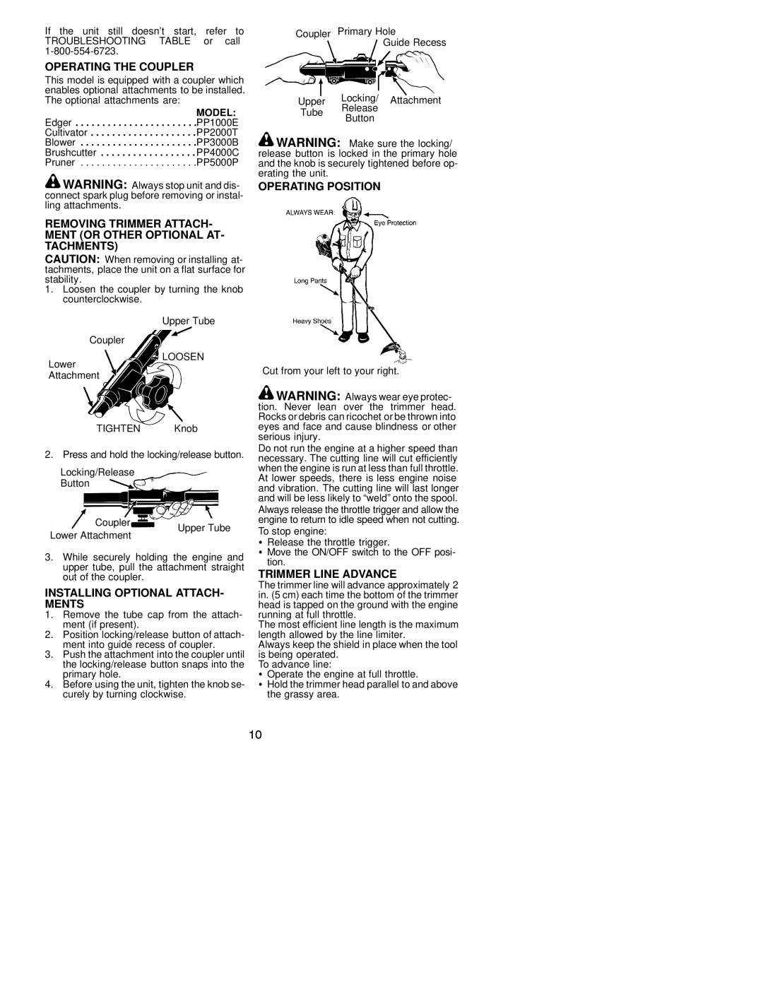 Poulan 530163516 Operating the Coupler, Operating Position, Installing Optional ATTACH- Ments, Trimmer Line Advance 