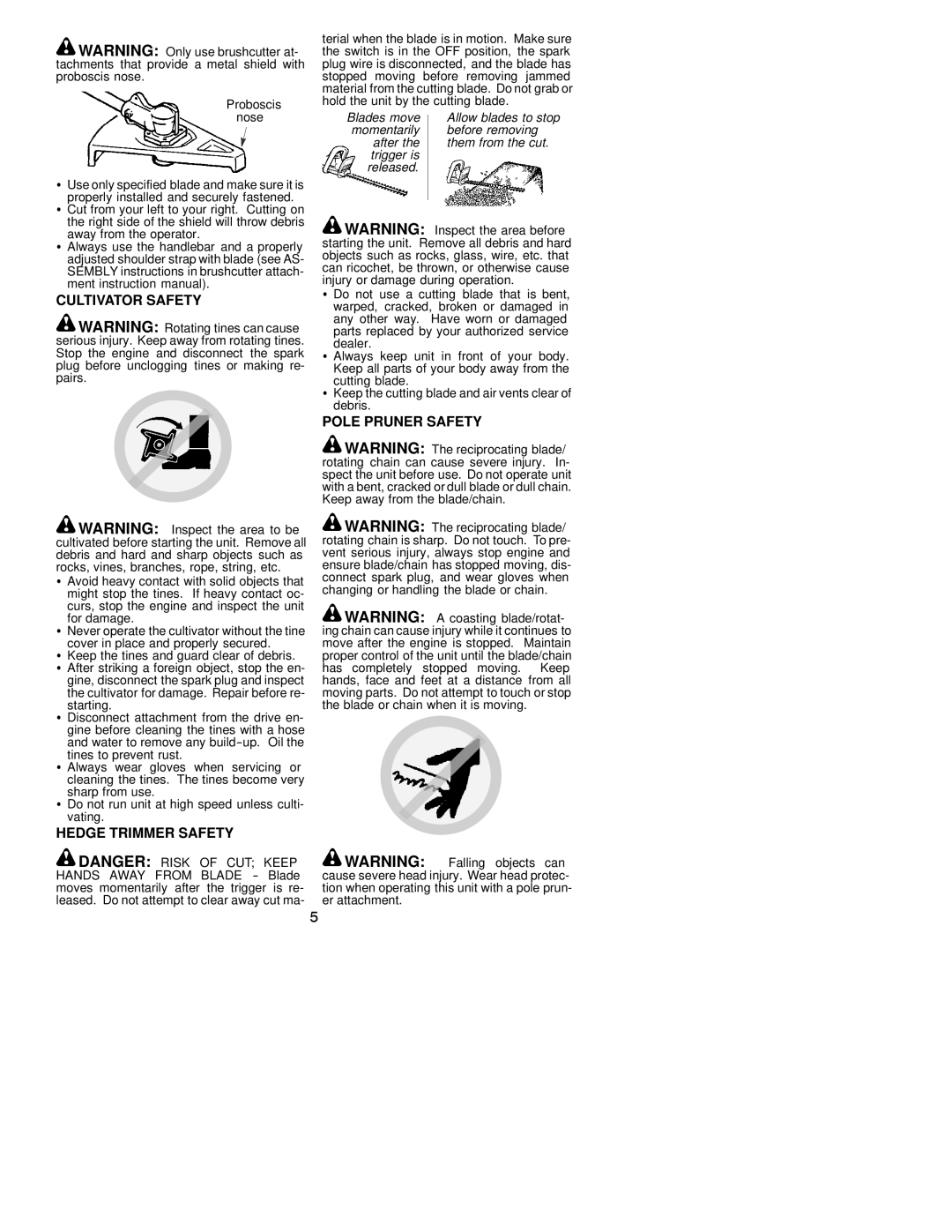 Poulan 530163516 instruction manual Cultivator Safety, Hedge Trimmer Safety Pole Pruner Safety 