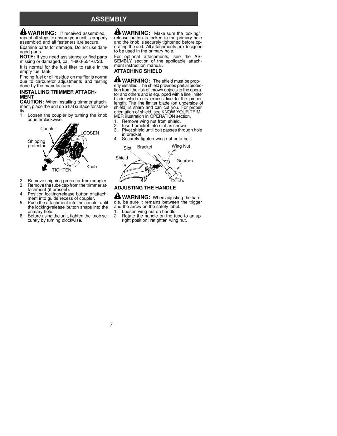 Poulan 530163516 instruction manual Installing Trimmer ATTACH- Ment, Attaching Shield, Adjusting the Handle 