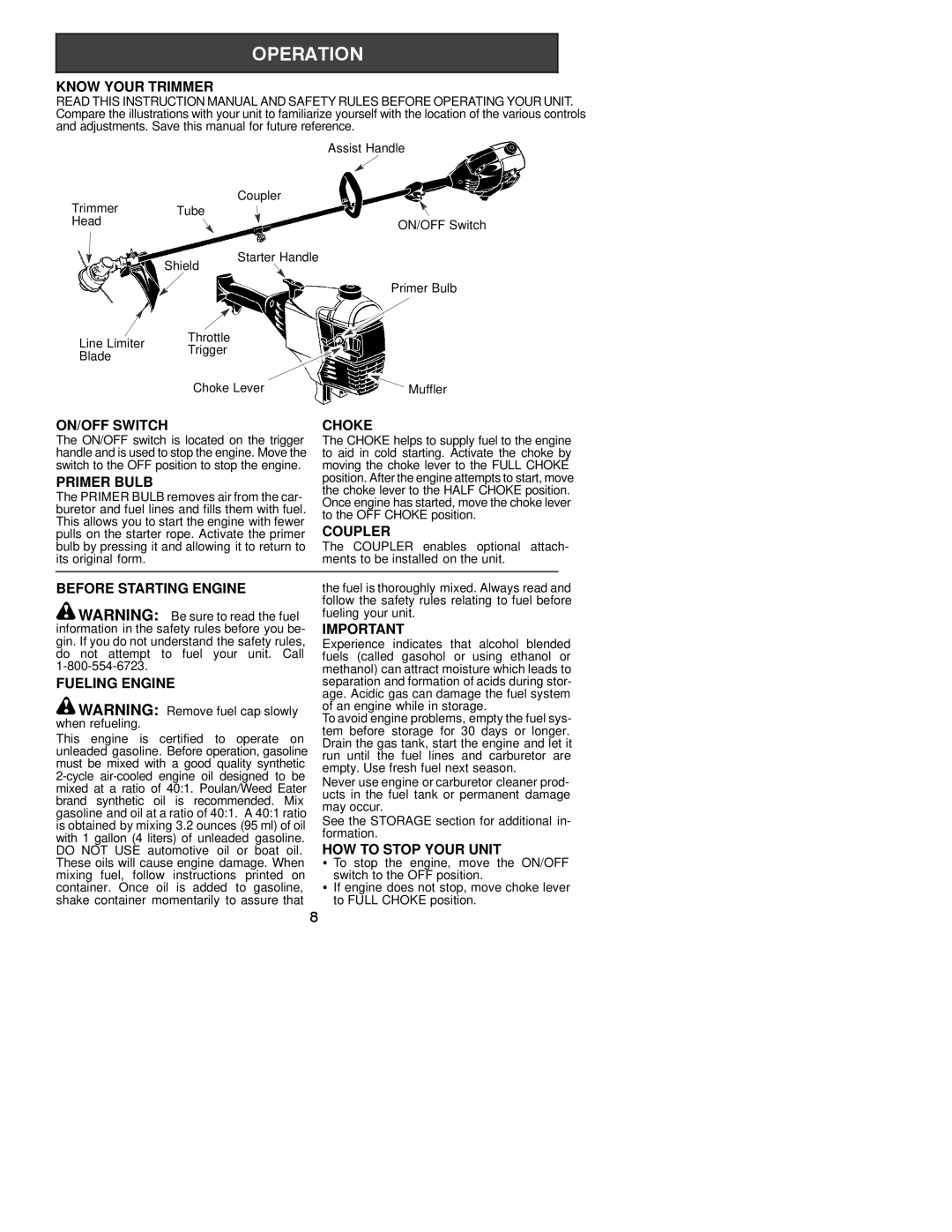 Poulan 530163516 Know Your Trimmer, ON/OFF Switch Choke, Primer Bulb, Coupler, Before Starting Engine, Fueling Engine 