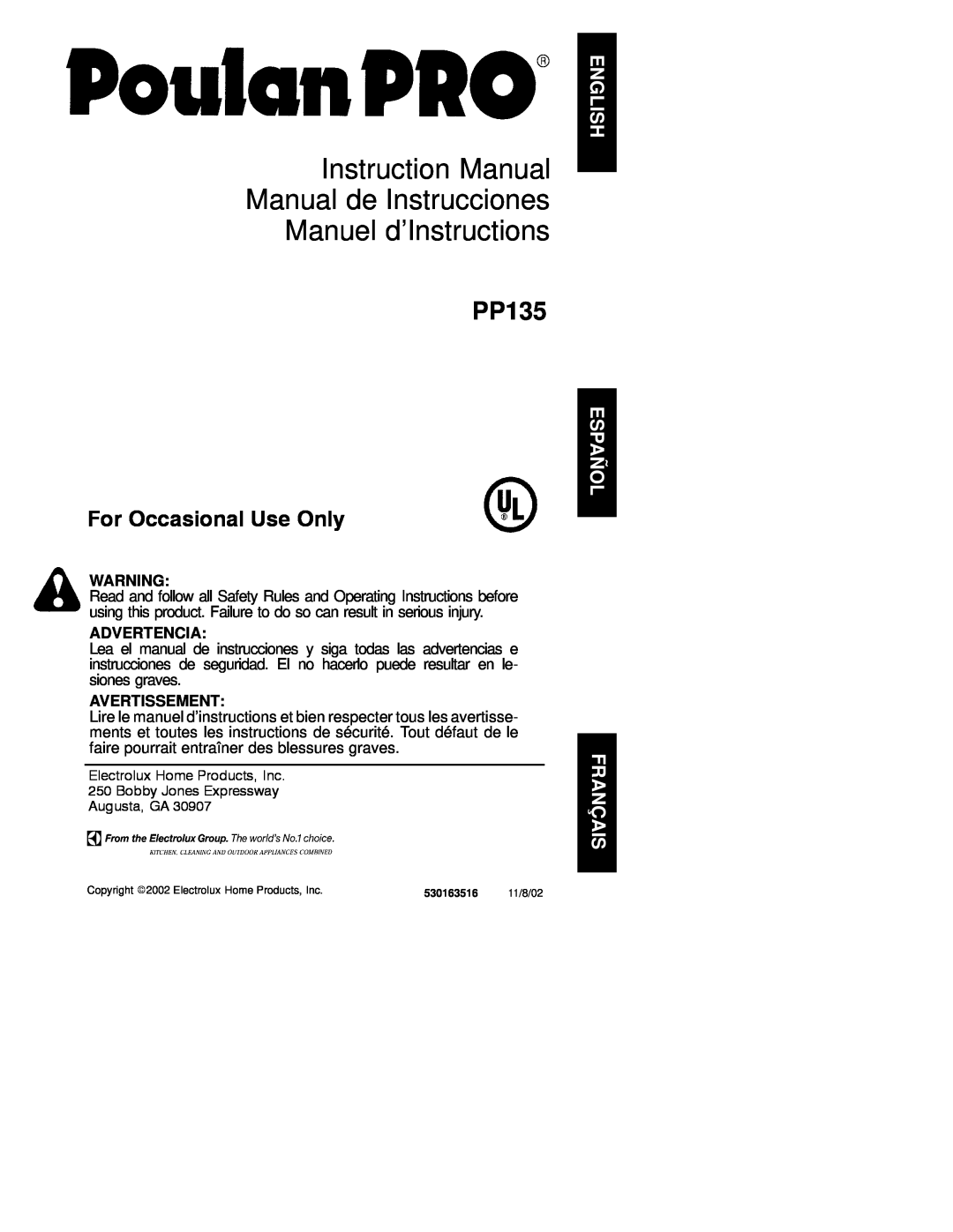 Poulan 530163516 instruction manual Advertencia, Avertissement, PP135, For Occasional Use Only 