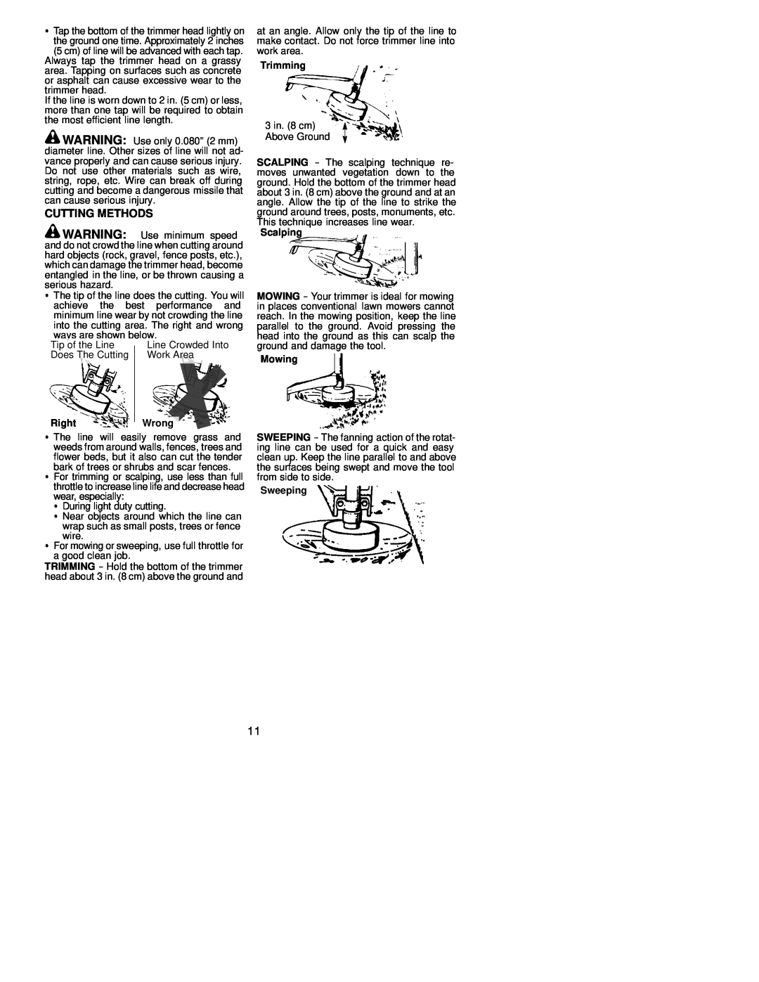 Poulan 530163516 instruction manual Cutting Methods, RightWrong, Trimming, Scalping, Mowing, Sweeping 
