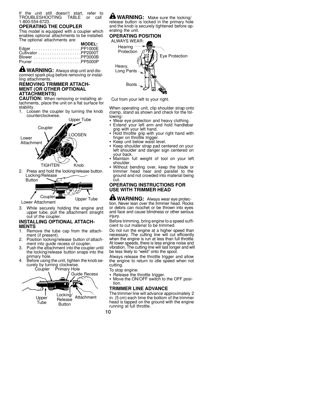 Poulan 530163519 Operating the Coupler, Removing Trimmer ATTACH- Ment or Other Optional Attachments, Operating Position 