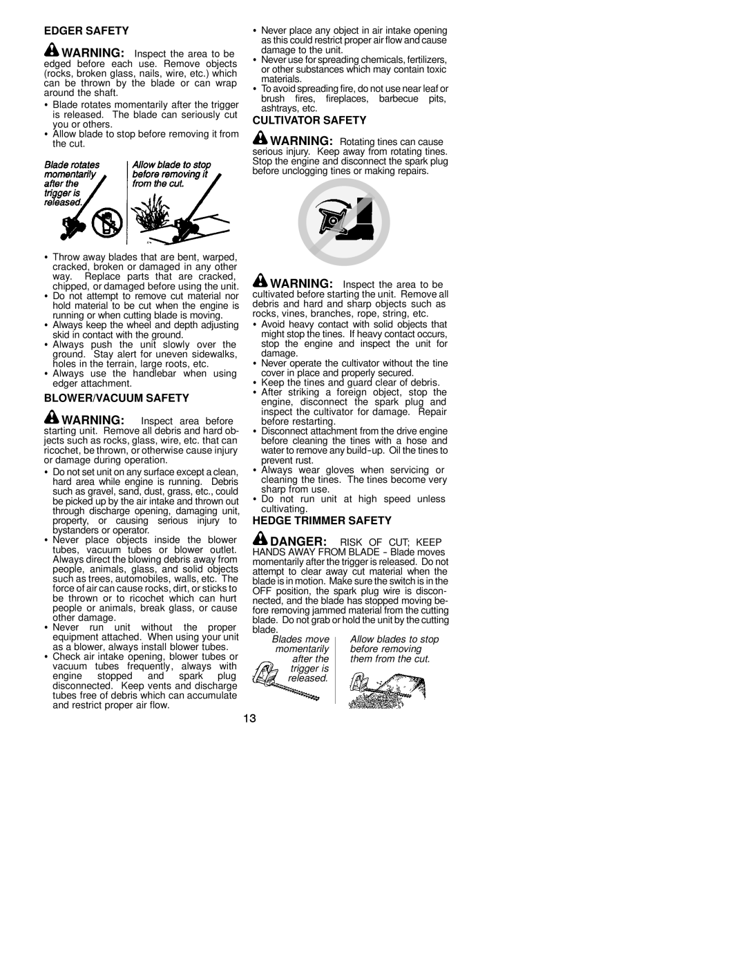 Poulan 530163519 instruction manual Edger Safety, BLOWER/VACUUM Safety, Cultivator Safety, Hedge Trimmer Safety 