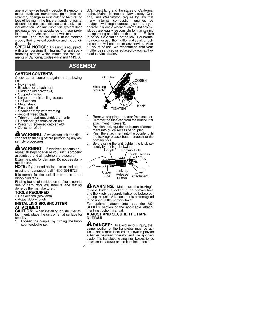 Poulan 530163519 Carton Contents, Tools Required, Installing Brushcutter Attachment, Adjust and Secure the HAN- Dlebar 