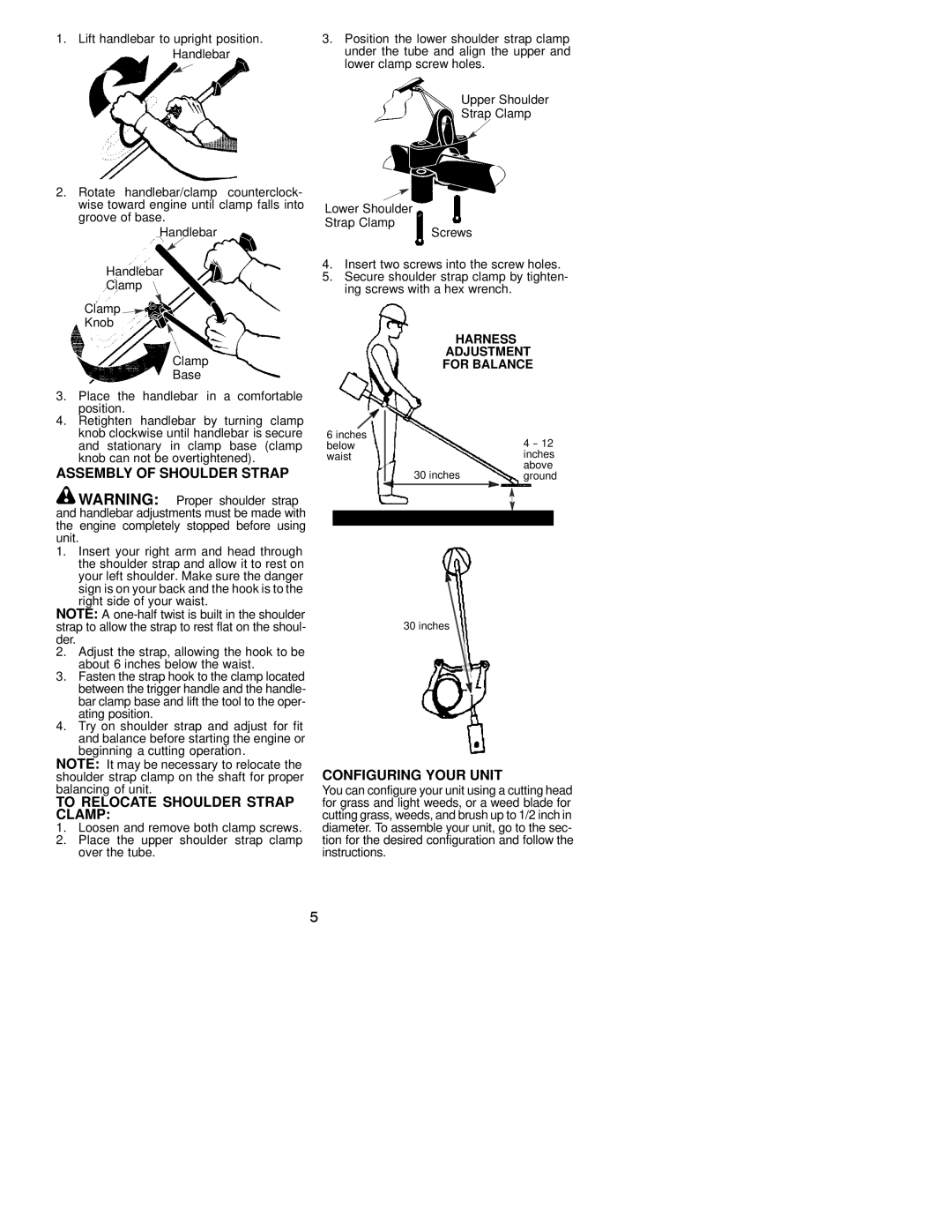 Poulan 530163519 instruction manual Assembly of Shoulder Strap, To Relocate Shoulder Strap Clamp, Configuring Your Unit 