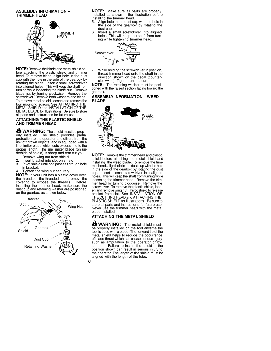 Poulan 530163519 instruction manual Assembly Information Trimmer Head, Attaching the Plastic Shield and Trimmer Head 