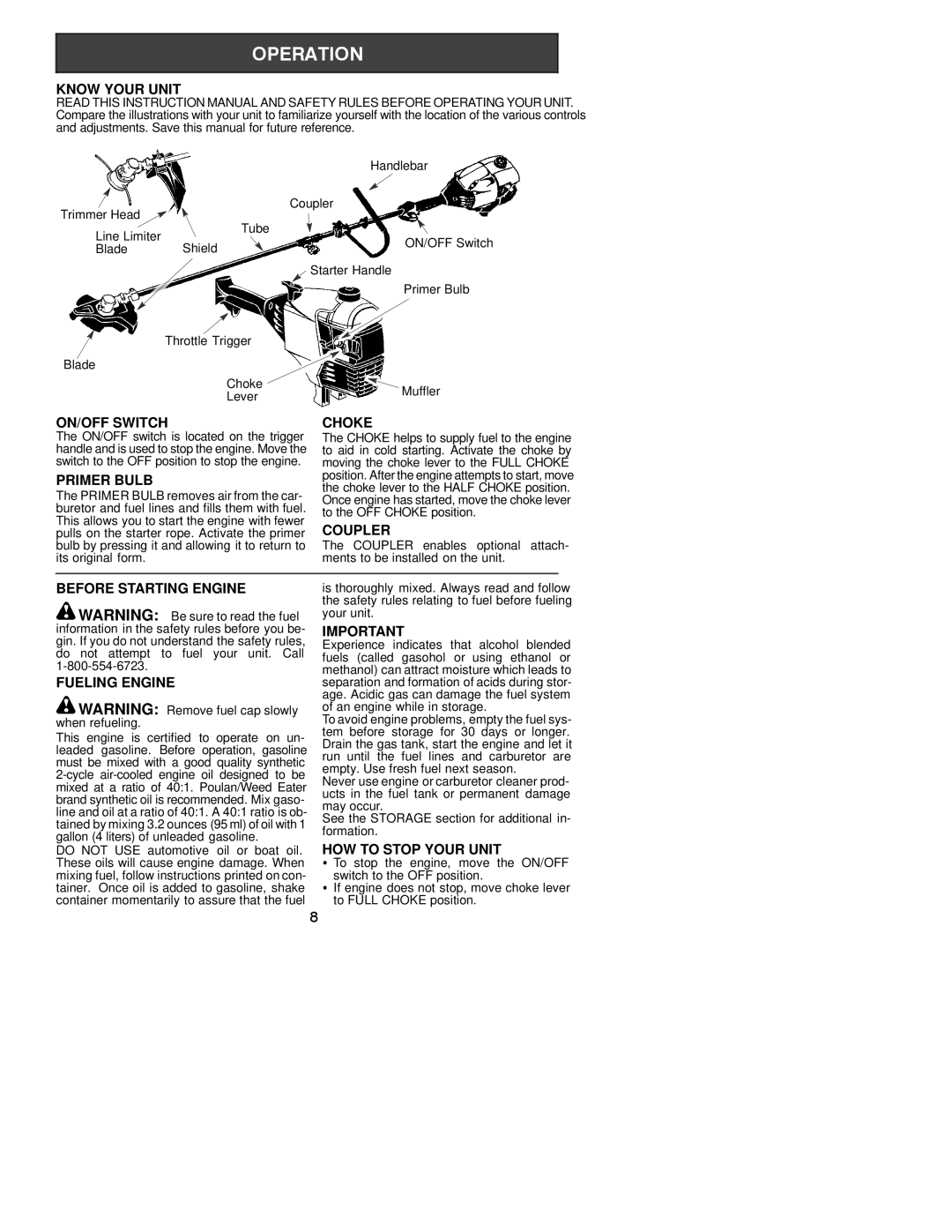 Poulan 530163519 Know Your Unit, ON/OFF Switch Choke, Primer Bulb, Coupler, Before Starting Engine, Fueling Engine 