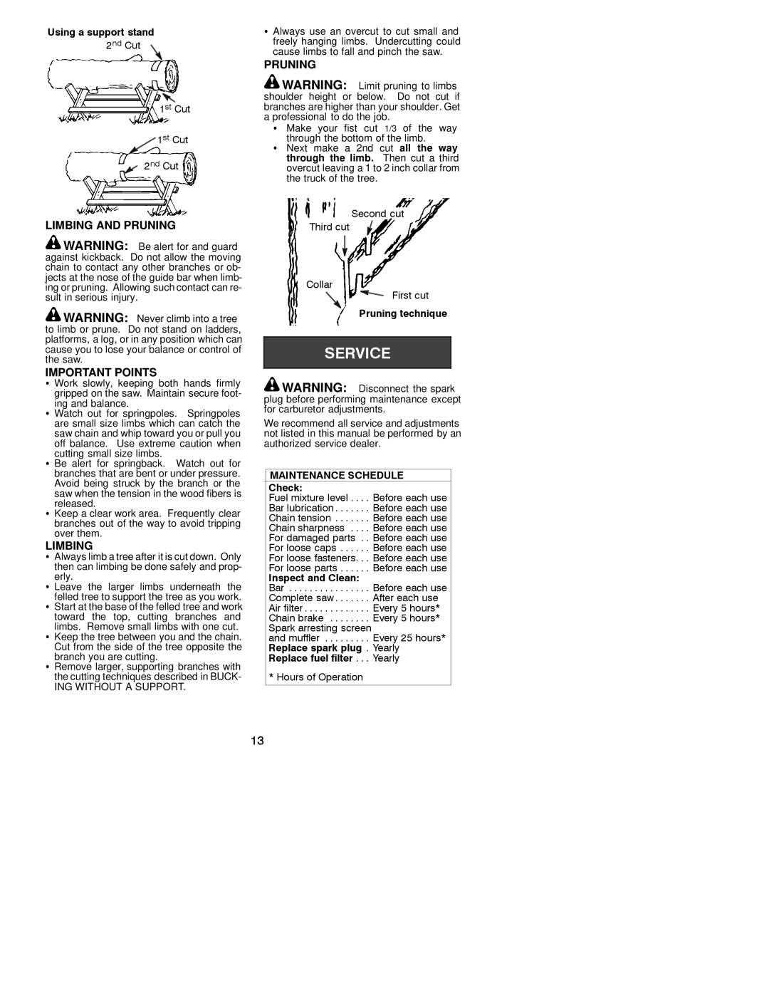 Poulan 530163636 instruction manual Limbing and Pruning Important Points, ING Without a Support 