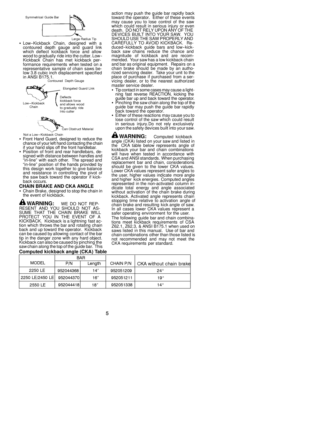 Poulan 530163636 Chain Brake and CKA Angle, Computed kickback angle CKA Table, Front Hand Guard, designed to reduce 