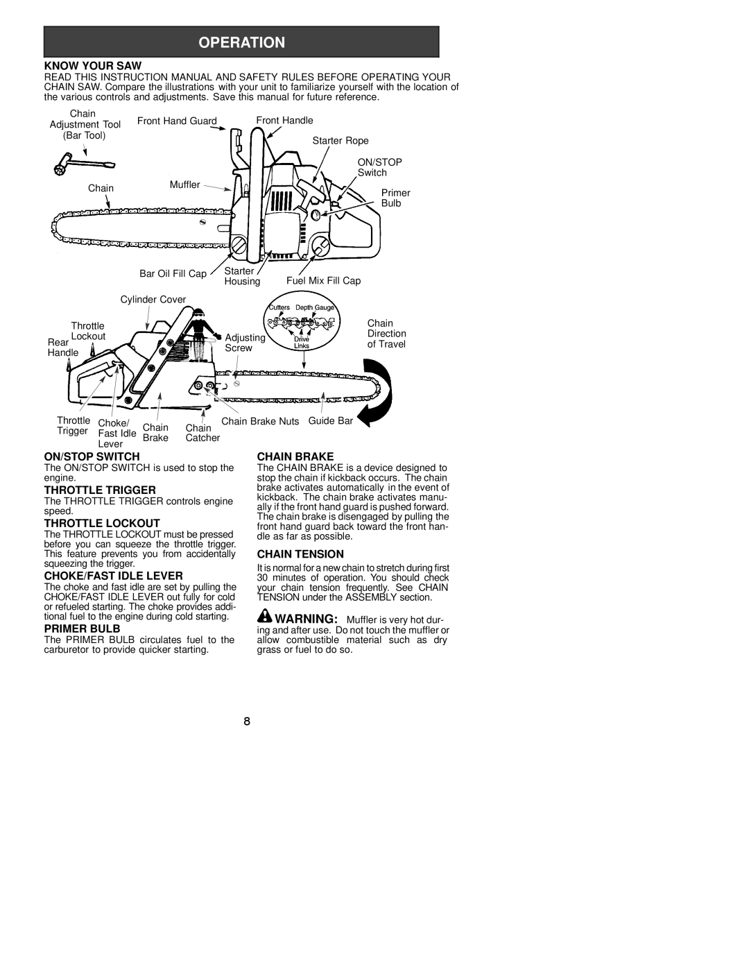 Poulan 530163636 Know Your SAW, ON/STOP Switch, Throttle Trigger, Throttle Lockout, CHOKE/FAST Idle Lever, Primer Bulb 