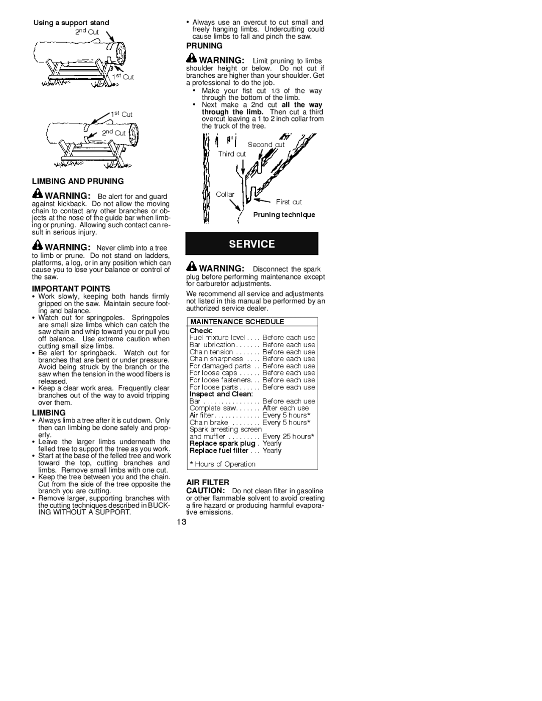 Poulan 530163654 instruction manual Limbing and Pruning Important Points, AIR Filter, Erly 