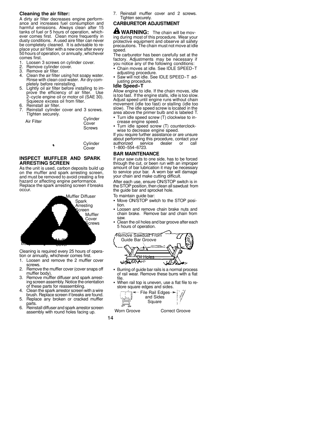 Poulan 530163654 Cleaning the air filter, Inspect Muffler and Spark Arresting Screen, Carburetor Adjustment, Idle Speed-T 