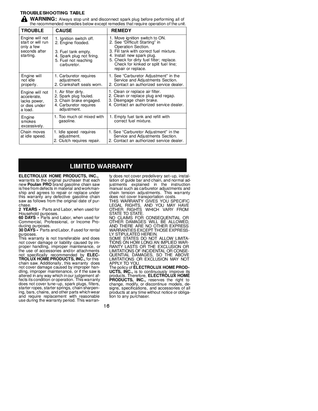 Poulan 530163654 instruction manual Troubleshooting Table Cause Remedy 