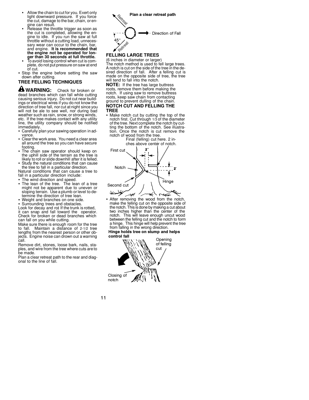 Poulan 530163676 instruction manual Tree Felling Techniques, Felling Large Trees, Notch CUT and Felling the Tree 