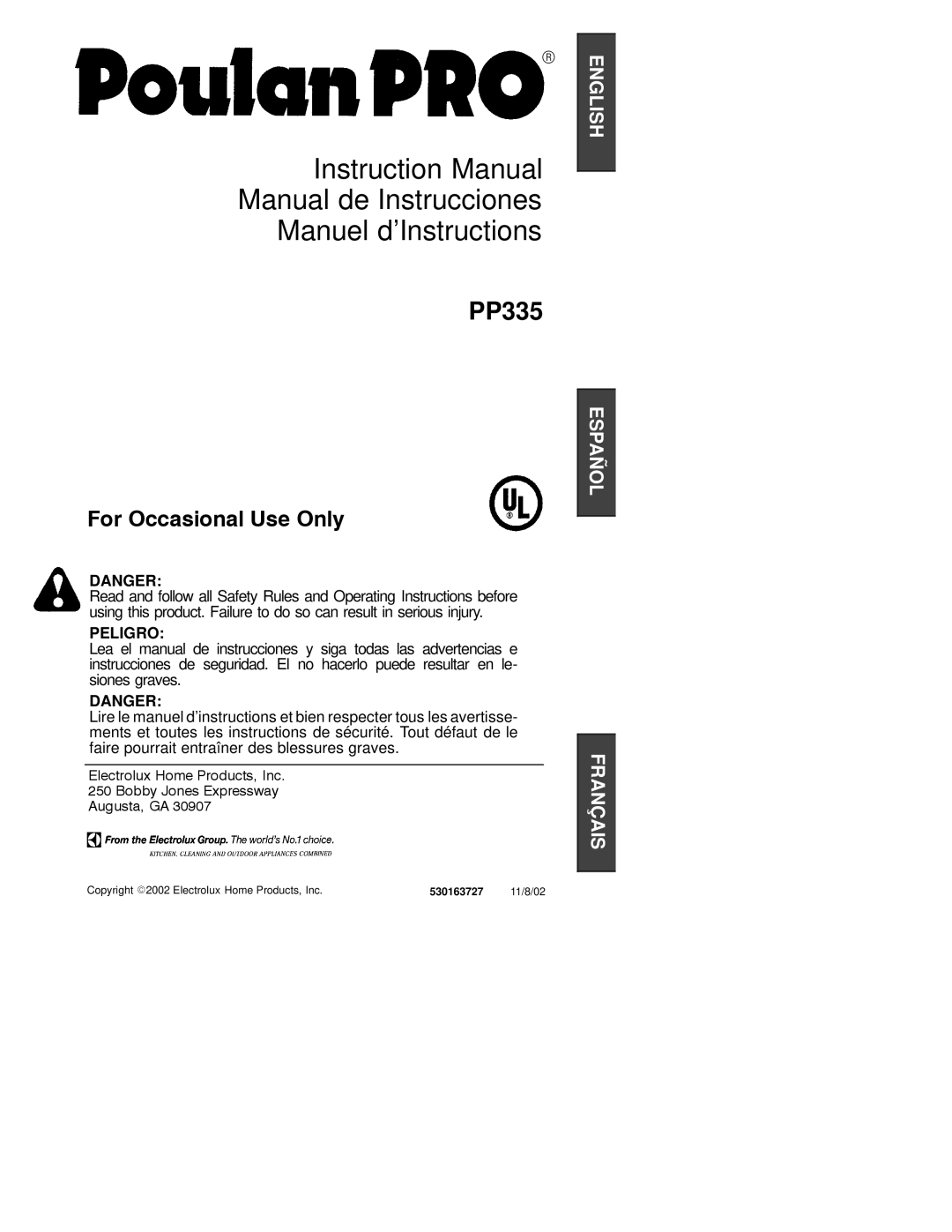 Poulan PP335, 530163727 instruction manual Manual de Instrucciones Manuel d’Instructions 