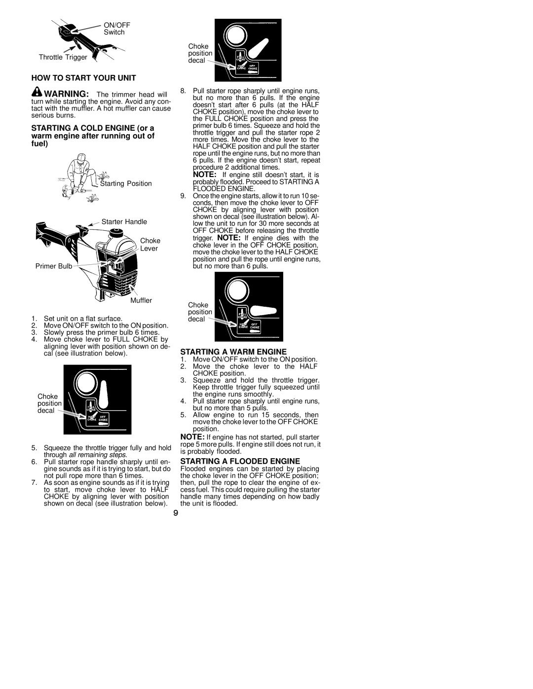 Poulan PP335, 530163727 instruction manual HOW to Start Your Unit, Starting a Warm Engine, Starting a Flooded Engine, On/Off 