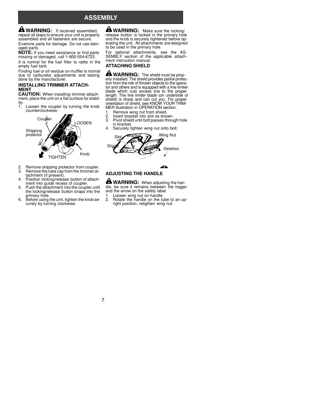 Poulan 530163731 instruction manual Installing Trimmer ATTACH- Ment, Attaching Shield, Adjusting the Handle 