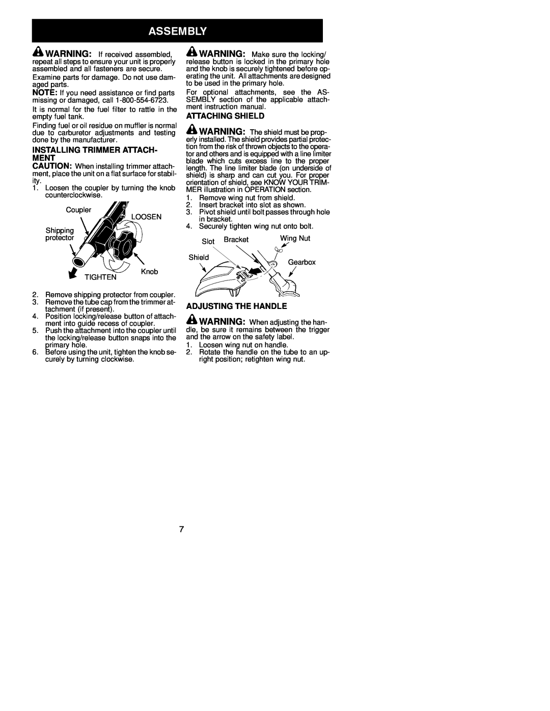 Poulan 530163731 instruction manual Installing Trimmer Attach- Ment, Attaching Shield, Adjusting The Handle 