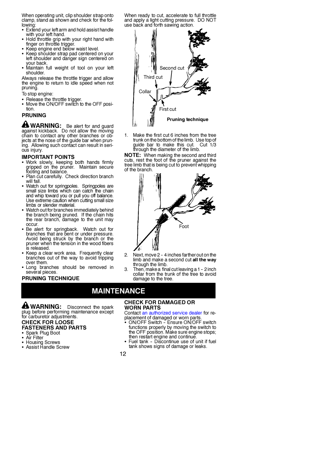 Poulan 530163735 Maintenance, Pruning Important Points, Pruning Technique, Check for Loose Fasteners and Parts 